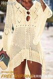 Out Knitted Cover Up Women Spring Summer Beach Sexy Loose Cover-up Solid Color Long Sleeve Fashion Casual Mini Dress-Outfit