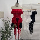 Shooting Hottie Belt Lotus Side Splicing Lace Bra Vest Word Shoulder Ribbon Short Coat
