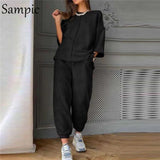Tracksuit Women Sport Casual 2021 Summer Set Loose Khaki Short Sleeve Shirt Tops And Pants Bottom Suit Two Piece