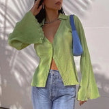 Green Vintage Flare Sleeve Top Shirt Y2K Button up V Neck Blouse Aesthetic Korean Fashion Streetwear Women's