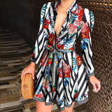 Women Deep V-neck Mini Dress Spring Autumn Long Sleeve Floral Print Dresses Laides High Waist Party Dresses