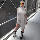 Kliou Knitted Dress Women Sexy See Through X-Long Hoody Tops+One Shoulder Drawstring Ruched Robe Skirt Hipster Future