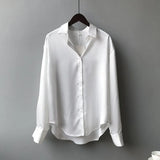 Fashion Button Up Satin Silk Shirt Vintage Blouse Women White Lady Long Sleeves Female Loose Street Shirts