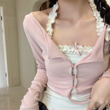 2 Piece Set Woman Pink Long Sleeve Fashion Tops Basic Casual Korean Style Blouse Design Kawaii Clothing 2023 Summer Chic-Outfit
