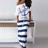 Two Piece Set Dress Hope Boat Anchor Print Off Shoulder T-Shirt Top Striped Skirt Sets Summer Casual 2 Piece Skirt