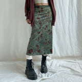 Woherb Chinese Print Retro Style Skirt Autumn 2023 New Sen Fresh Low Waist Color A Word Long Skirt-Outfit