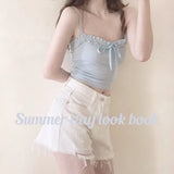 Japanese Crop Top Summer Kawaii Skinny Tanks Camis Blue Bow Tube Bras Y2k Short Solid Sexy Sleeveless Bandage Cropped Women