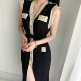 Elegant Knitted Dress for Woman Sleeveless Fall 2022 V-neck Chic Sweater Dress Vestido Female Korean Single-breasted