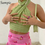 Causal Knitted Summer Halter Sweat Y2K Women Skinny Crop Tops 2021 Sexy Fashion Sleeveless Tank Tops Vest Mini T