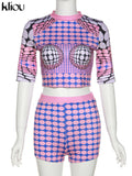Kliou Aesthetic Polka Dots Print Two Piece Set Women Casual O-neck Half Sleeve Slim Fit Tops+Fashion Streetwear Hipster