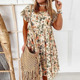 Floral Print Dress 2021 Summer Causal Short Sleeve Ruffles Dresses Bohemian O Neck A-Line Loose Female Mini Dress