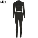 Kliou fashion tracksuit women turtleneck full sleeveless crop top+leggings matching set stretchy sporty fitness casual