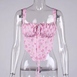 hirigin Floral Cami Top Women Sweet Print Hollow Up Tie Up Sexy Crop Top Summer Sleeveless Ruched Boning Bustier Casual Tank