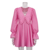 Woherb Women's Pink Checked Butterfly Collar Long-Sleeved Dress Temperament Fashion Design Sense A Line Skirt-Outfit