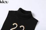 Kliou Fashion Rivet Mini Dress Women Hipster Letter Embroidery Side Split Street Skirt Knitted High Round Neck Cool Girl