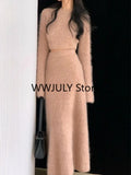 2 Piece Dress Set Office Lady Y2k Crop Tops + Slim Bodycon Midi Skirt Woman Knitted Sweater Fashion Suit Korea 2023 Chic-Outfit