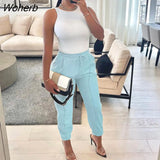 Women Casual Drawstring PU Leather Pants Chic Slim Trousers-Outfit