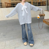 Woherb Type Advanced Feeling Catch Spell Lace Bow False Two Knit Sweater Female Autumn Dong New Style Languid Lazy Wind Bottom Sweater-Outfit