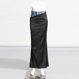Woherb 2024 New Fashion Trend Wind High-Waisted Jeans Stitching Design Sense Long Slit Wrap Hip Skirt-Outfit