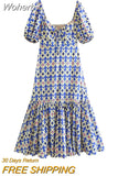 2023 Women Summer MIDI Dress Vintage Print Puff Sleeve Elastic Bust Female Elegant Street Mid-Calf Dresses Clothing-Outfit