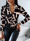 Women Fashion Shirt Lady Long Sleeve Blouse Turn-down CollarButton Design Print Casual