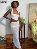 Kliou Knitted Two Piece Set Women Skirt Elegant Classy Back Criss Cross Bandage Camisole Top+Ribbons Hollow Out Female