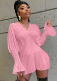 Sweet V-neck Full Sleeves Solid Pleated Mini A-line Club