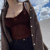Lace Patchwork Top Cami Mesh Transparent V Neck Bow Sleeveless Summer Women Camisole Tank Top Casual Sexy Elegant