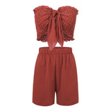 hirigin Women's 2pcs Boho Outfits Tie Front Shirred Back Strapless Slim Fit Crop Bandeau Tube Top+Loose Shorts Set