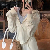 Woherb 2024 New Hong Kong Style Sports Leisure Suit Women's Salt Wear Fish Bone Waist Hoodie Two-Piece Trousers-Outfit