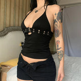 Woherb 2024 Sexy Day Word Button V Neck Low Chest Hanging Neck Tight Navel Bottom Small Vest Top-Outfit