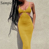 2021 Women Strap Khaki Hollow Out Sexy Long Party Bodycon Dress Ladies V Neck Backless Night Club Cut Out Wrap