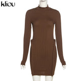 Kliou Knitted Stitching Mini Dress Women Hipster Skinny Three-Dimensional Decoration Bodycon Long Sleeve Turtleneck