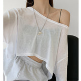 Women Solid Color Loose Crop Top Female Thin Breathable Clothing All-match High Street Cool Hip-hop Leisure Lady