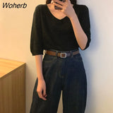 Women Half Sleeve T-shirts V-neck Solid Colorful Knitting Elegant Office Lady Simple Korean Style Females Soft Loose Tops Basic-Outfit