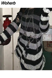 Grunge Striped Knitted Sweater Women Long Pullovers Loose Thin Punk Sweaters Jumpers Mujer Jersey Chic Streetwear 729-0-Outfit