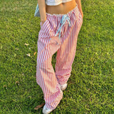 Woherb Wind Dopamine Contracted Stripe Casual Pants Female Low Waist Lace Splicing Straight Tube-Outfit