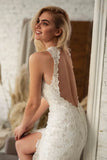 Elegant White Overall Lace Sleeveless Slit Bridal Wedding