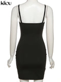 Kliou Solid Spahgetti Strap Mini Dress Women Sexy Camisole Body-Shaping Cleavage Hip Skirt Midnight Style Female Party Clubwear 1028-0-Outfit