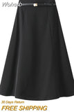 Women Elegant Office Lady Mid-length A-line Skirt With Belt Casual Simple High Waist Long Skirt For Spring Summer QT2061-Outfit