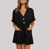 Summer Casual Buttons Jumpsuits 2021 Fashion Solid Pockets Jumpsuit With Belt V-Neck Short Sleeve Female Rompers