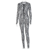 2020 Zebra Print Mesh Zip Up Sexy Jumpsuit Autumn Winter Women Fashion Streetwear Outfits Stretchy