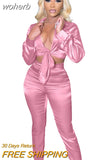 Satin Solid 2 Piece Set Fall Clothes Women Outfits Sexy Lace Up V Neck Crop Top Pants Skinny Club Party Tracksuit Women-Outfit