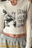Vintage Harajuku T-Shirts Y2k Long Sleeve Crop Top Women's Rhinestone Print Glitter Lace Korean Fashion Tees Blouse-Outfit