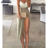 Women Beaded Strap Cowl Neck High Slit Dress 2023 Lady Fashion Square Neck Midi Sleeveless Sexy Clubwear Robe Femme Clothing-Outfit