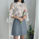 Off Shoulder Chic Tops Flare Sleeve Cute Sweet Girls Women Flhjlwoc Japanese Korea Style Floral Hollow Out Ruffled Top