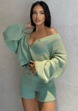 Winter Casual Knitting Top and Shorts Matching 2PC