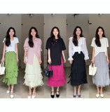 Women Tassel Splicing Pleated Skirt Elegant Elastic Waist All Match A-line Long Skirt For Spring Summer QT2140-Outfit