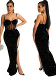 Sexy Sequins Sheer Mesh Patch Straps Slit Cocktail Party
