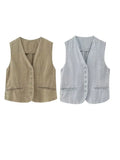 2023 Women Summer Vests Coats Vintage Solid V-Neck Single Breasted Linen Female Elegant Street Waistcoat Vest Clothing-Outfit